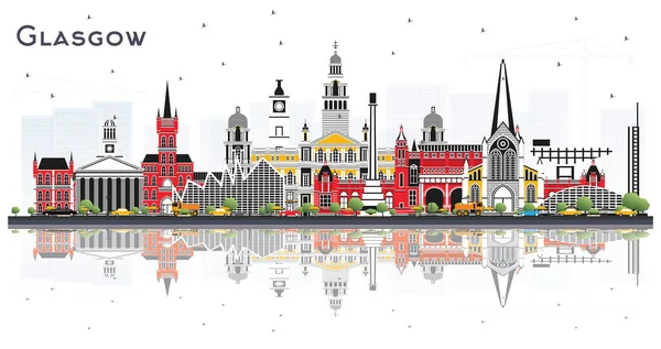 Glasgow Scotland City Skyline Color Buildings Reflections Isolated White Ilustración — Vector de stock