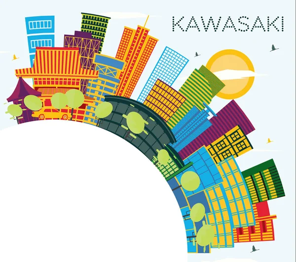 Kawasaki Japan City Skyline Com Edifícios Coloridos Céu Azul Espaço — Vetor de Stock