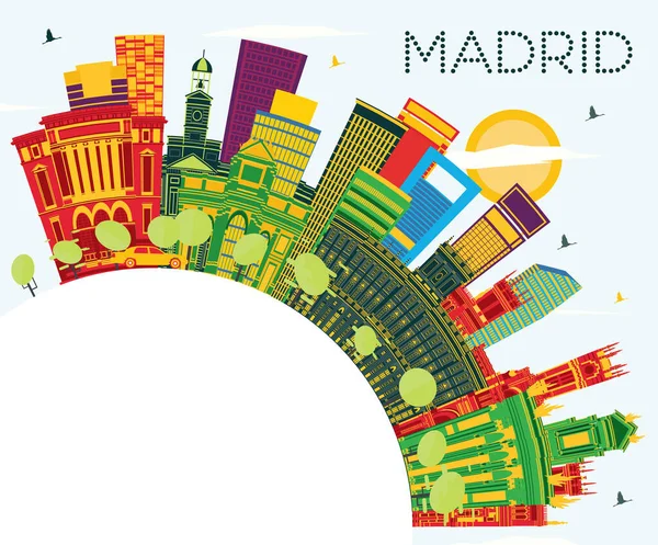 Madrid Spain City Skyline Com Edifícios Coloridos Céu Azul Espaço —  Vetores de Stock