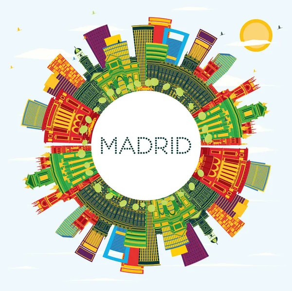 Мадрид Испания Сити Skyline Цветными Зданиями Голубое Небо Пространство Копирования — стоковый вектор