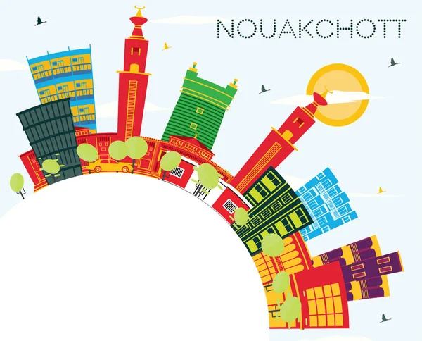 Nouakchott Mauritania City Panorama Barevnými Budovami Modré Nebe Kopírovací Prostor — Stockový vektor