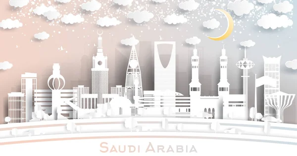 Saudi Arabia City Skyline Paper Cut Style Snowflakes Moon Neon — Archivo Imágenes Vectoriales