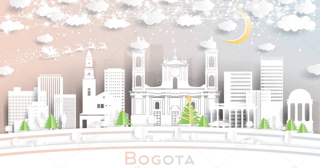 Bogota Colombia City Skyline in Paper Cut Style with Snowflakes, Moon and Neon Garland. Vector Illustration. Christmas and New Year Concept. Santa Claus on Sleigh. Bogota Cityscape with Landmarks.