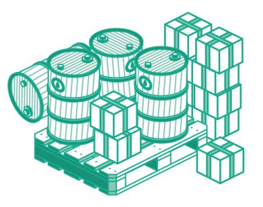 Isometric Petrol Fıçıları ve Tahta Palet Kutuları. Vektör İllüstrasyonu. Ayrı nesneler. Lojistik Konsept.