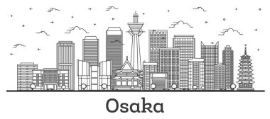 Osaka 'nın ana hatları Japon Şehri Skyline ve Modern Binalar beyaza izole edilmiş. Vektör İllüstrasyonu. Tarihi İşaretli Osaka Şehri.