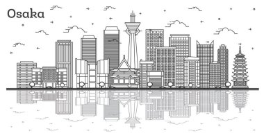 Osaka 'nın ana hatları Japonya Şehri Skyline' dır ve Modern Binalar ve Yansımalar Beyaz 'a izole edilmiştir. Vektör İllüstrasyonu. Tarihi İşaretli Osaka Şehri.