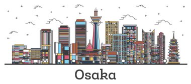 Osaka 'nın ana hatları Japonya Şehri Skyline ve beyaza izole edilmiş renkli binalar. Vektör İllüstrasyonu. Tarihi İşaretli Osaka Şehri.