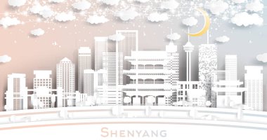 Shenyang China City, Beyaz Binalar, Ay ve Neon Garland ile Kağıt Kesiği Stili ile Skyline. Vektör İllüstrasyonu. Seyahat ve Turizm Konsepti. Simgeli Shenyang Şehri.