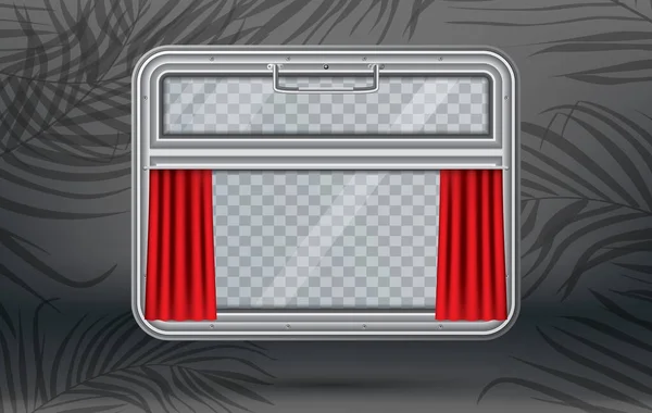 赤いカーテンで窓を訓練し ヤシの葉の背景にスペースをコピーします ハンドル付きウィンドウ ベクトルイラスト 列車の要素 トラベルデザインコンセプト — ストックベクタ