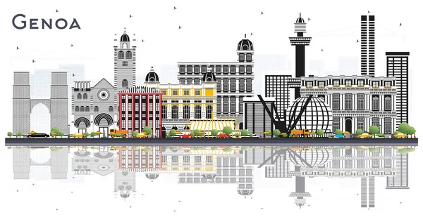 Génova Italia Ciudad Skyline Con Edificios Color Reflexiones Aislado Blanco — Vector de stock