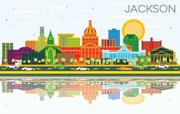 Jackson Mississippi City Skyline Avec Bâtiments Couleur Ciel Bleu Réflexions — Image vectorielle