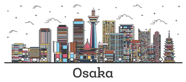 Delineamento Osaka Japan City Skyline Com Edifícios Coloridos Isolados Branco —  Vetores de Stock