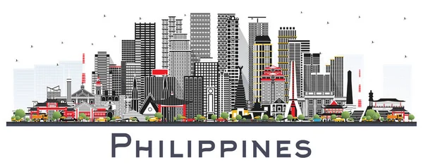 白に隔離された灰色の建物とフィリピンシティスカイライン ベクトルイラスト 歴史的建造物との旅のコンセプト ランドマークとフィリピンの都市景観 マニラ ケソン ダバオ — ストックベクタ