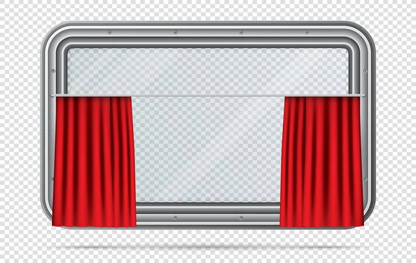 Zugfenster Mit Rotem Vorhang Auf Kariertem Hintergrund Realistischer Blick Aus — Stockvektor
