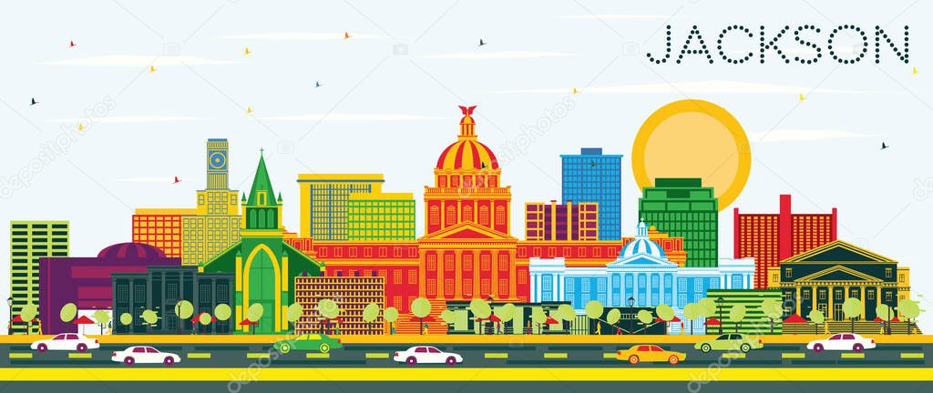 Jackson Mississippi City Skyline with Color Buildings and Blue Sky. Vector Illustration. Travel and Tourism Concept with Historic Architecture. Jackson USA Cityscape with Landmarks.