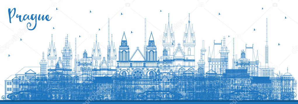 Outline Prague Czech Republic City Skyline with Blue Buildings. Vector Illustration. Business Travel and Tourism Concept with Historic Architecture. Prague Cityscape with Landmarks. 