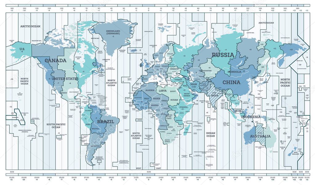 Time Zone Blue Map. Detailed World Map with Countries Names. Vector Illustration.