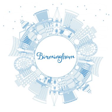 Birmingham UK City Skyline 'ın ana hatlarıyla Blue Buildings ve Copy Space. Vektör İllüstrasyonu. Birmingham Şebekesi 'nin simgeleri. Tarihi Mimariyle İş Seyahati ve Turizm Konsepti.