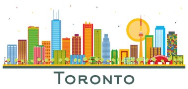 Toronto Canada City Skyline 'da Renkli Binalar Beyaz' da izole edilmiş. Vektör İllüstrasyonu. Tarihi Mimariyle İş Seyahati ve Turizm Konsepti. Tarihi Simgelere sahip Toronto Şehri.