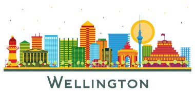 Wellington Yeni Zelanda Şehri Skyline ve Beyaz Renkli Binalar. Vektör İllüstrasyonu. Modern Mimariyle İş Seyahatleri ve Turizm Konsepti. Tarihi Simgeli Wellington Şehir Manzarası.