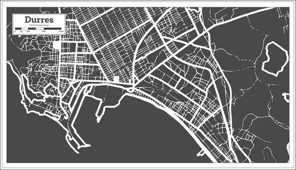 Durres Albania Mapa Miasta Kolorze Czarno Białym Stylu Retro Zarys — Wektor stockowy