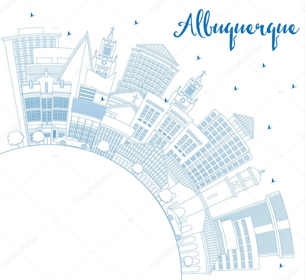 Outline Albuquerque New Mexico City Skyline with Blue Buildings and Copy Space. Vector Illustration. Albuquerque USA Cityscape with Landmarks. Travel and Tourism Concept with Modern Architecture.