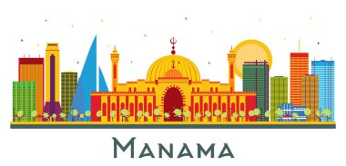 Manama Bahreyn Şehri Skyline Renkli Binaları beyaza izole edilmiş. Vektör İllüstrasyonu. Tarihi Mimariyle İş Seyahati ve Turizm Konsepti. Tarihi Simgeli Manama Şehir Manzarası.