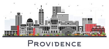 Providence Rhode Island City Skyline 'da Renkli Binalar Beyazlar' da izole edilmiş. Vektör İllüstrasyonu. Providence USA Cityscape ve Tarihi Eserler. Modern Mimariyle İş Seyahati ve Turizm Konsepti.