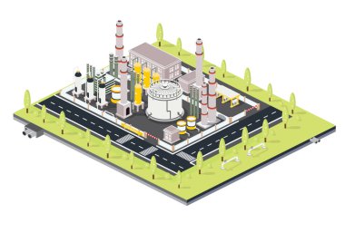 Tüplü Isometric Rafineri Fabrikası. Altyapı elementleriyle petrol sanayi bölgesi. Vektör İllüstrasyonu. Petrol Tankları ile Fabrika Alanı.