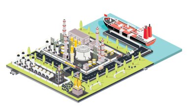 Rafineri Fabrikası. Petrol Tankı Çiftliği. Petrol Deposu Terminali 'ne demirli Petrol Tankeri olan Denizcilik Limanı. Petrol Endüstrisi. Isometric Kavramı. Vektör İllüstrasyonu. Sanayi Denizi Limanı.