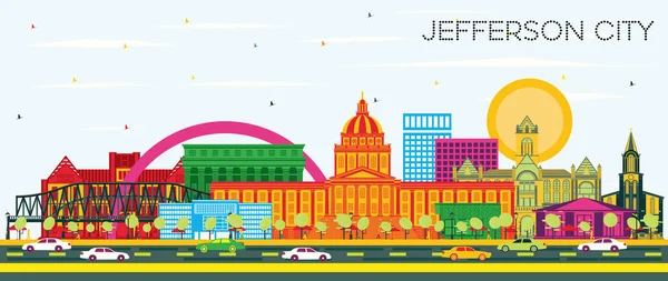 ジェファーソンシティ色の建物とブルースカイとミズーリスカイライン ベクトルイラスト 歴史的建築物とビジネス旅行や観光の概念 ランドマークとジェファーソンシティの風景 — ストックベクタ