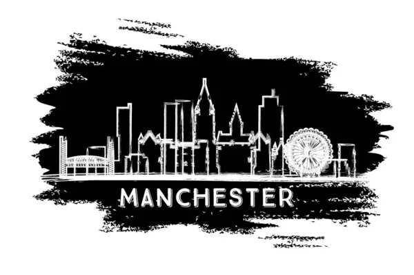 Manchester UK City Skyline silueti. El çizimi çizimi. Tarihi Mimariyle İş Seyahati ve Turizm Konsepti. Vektör İllüstrasyonu. Tarihi Simgeli Manchester Şehri.