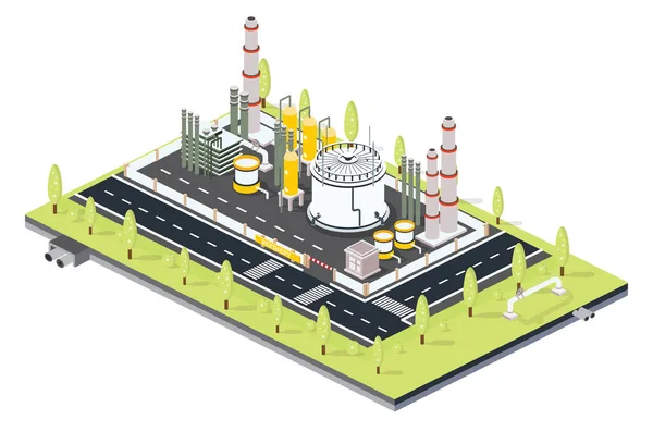 具有基础设施要素的等距石油工业区 病媒说明 带管材的精炼厂 设有油罐的工厂区 — 图库矢量图片