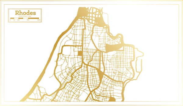 Rodas Grecia Mapa Ciudad Estilo Retro Color Dorado Mapa Del — Vector de stock