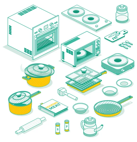 Set Isométrico Utensilios Cocina Aislados Blanco Ilustración Vectorial Esquema Iconos — Vector de stock