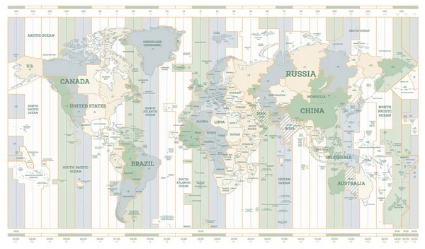 世界时区图 附有国名的详细世界地图 病媒图解 — 图库矢量图片