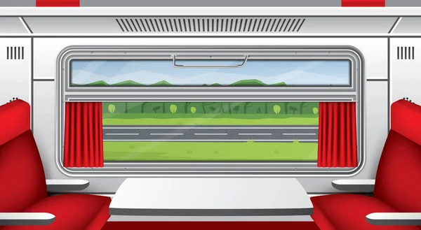 Interior Vagão Trem Com Janela Cortinas Vermelhas Assentos Com Mesa — Vetor de Stock
