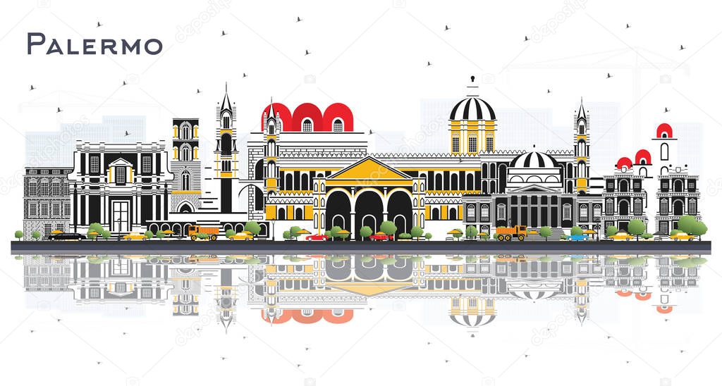 Palermo Italy City Skyline with Color Buildings and Reflections Isolated on White. Vector Illustration. Business Travel and Tourism Concept with Historic Architecture. Palermo Sicily Cityscape with Landmarks.