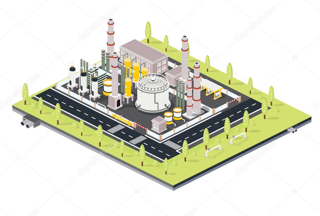 Isometric Refinery Plant with Tubes. Oil Petroleum industrial Zone with Infrastructure Elements. Vector Illustration. Factory Area with Oil Tanks.