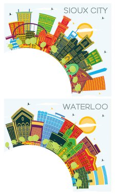 Waterloo ve Sioux City Iowa Skyline Set Renkli Binalar, Mavi Gökyüzü ve Kopya Uzay. Yer İmlerine sahip şehir manzarası.