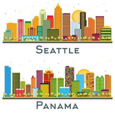 Panama ve Seattle Washington City Skyline Set ve Beyaz Renk Binaları.