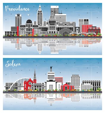 Salem Oregon ve Providence Rhode Island City Skyline Set Renkli Binalar, Mavi Gök ve Yansımalar. Şehir simgeleriyle dolu. Modern Mimariyle Seyahat ve Turizm Konsepti.