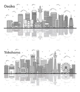 Osaka ve Yokohama Japon Şehri Skyline Set ve Modern Binalar ve Yansımalar Beyazın Üzerinde İzole Edildi. Yer İmlerine sahip şehir manzarası.