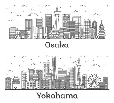 Yokohama ve Osaka Japon Şehri Skyline Set ve Modern Binalar beyaza izole edilmiş. Yer İmlerine sahip şehir manzarası.