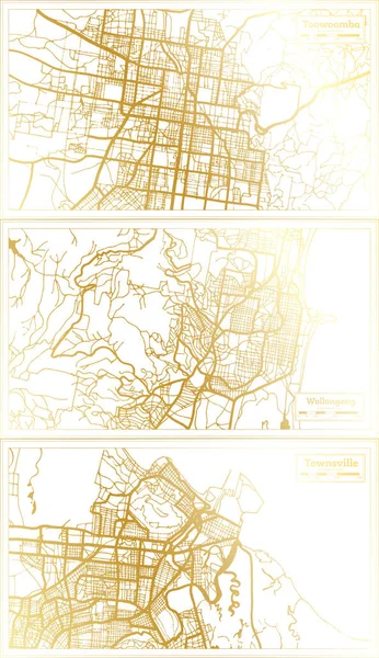 Wollongong Townsville Toowoomba Australia City Map Set Retro Style Golden — 图库照片