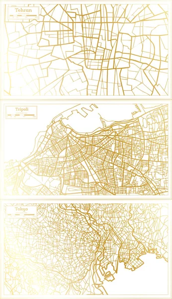 Trípoli Líbia Tóquio Japão Teerã Iran City Map Set Retro — Fotografia de Stock