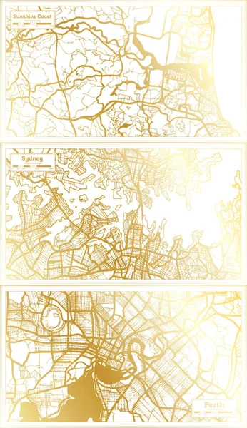 Sydney, Perth and Sunshine Coast Australia City Map Set in Retro Style in Golden Color. Outline Map.