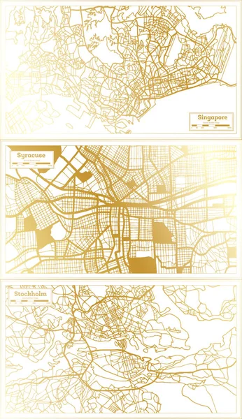 Syracuse USA, Stockholm Sweden and Singapore City Map Set in Retro Style in Golden Color. Outline Map.