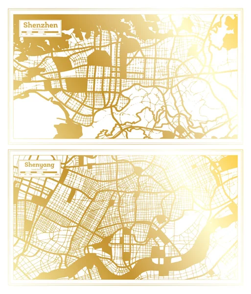 Shenyang Shenzhen China City Map Set Retro Style Golden Color — стокове фото