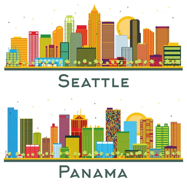 Panama Seattle Washington City Skyline Set Színes Épületekkel Elszigetelt Fehér — Stock Fotó